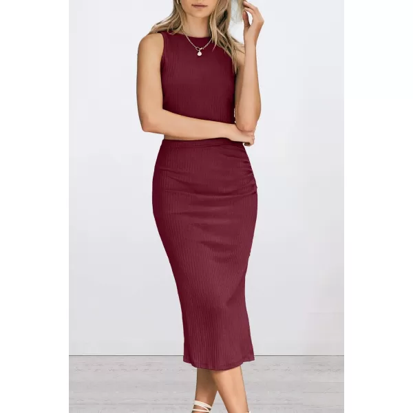 PRETTYGARDEN Womens 2 Piece Summer Outfits Crewneck Tank Tops Split Bodycon Midi Skirt SetWine Red