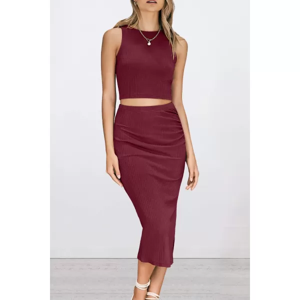 PRETTYGARDEN Womens 2 Piece Summer Outfits Crewneck Tank Tops Split Bodycon Midi Skirt SetWine Red