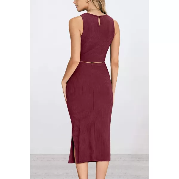 PRETTYGARDEN Womens 2 Piece Summer Outfits Crewneck Tank Tops Split Bodycon Midi Skirt SetWine Red