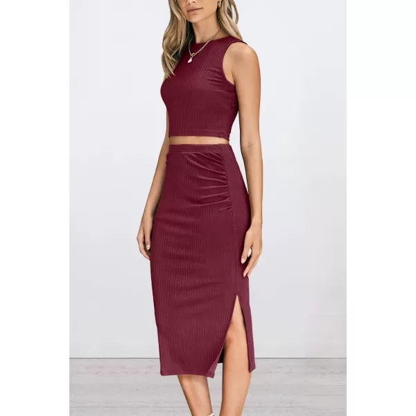 PRETTYGARDEN Womens 2 Piece Summer Outfits Crewneck Tank Tops Split Bodycon Midi Skirt SetWine Red
