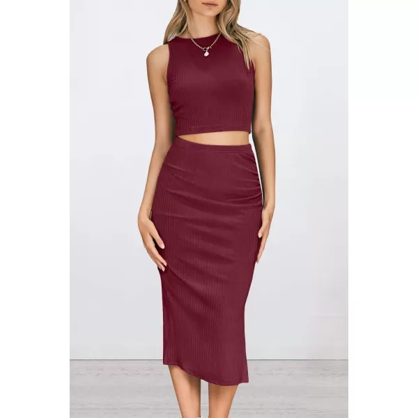 PRETTYGARDEN Womens 2 Piece Summer Outfits Crewneck Tank Tops Split Bodycon Midi Skirt SetWine Red