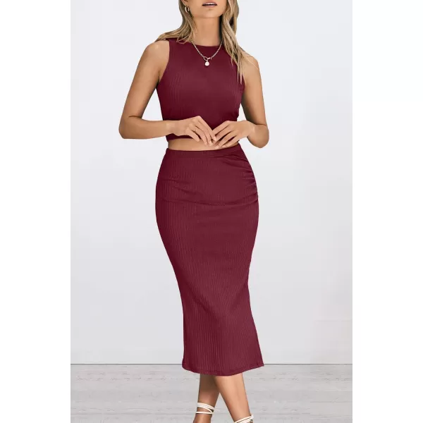PRETTYGARDEN Womens 2 Piece Summer Outfits Crewneck Tank Tops Split Bodycon Midi Skirt SetWine Red