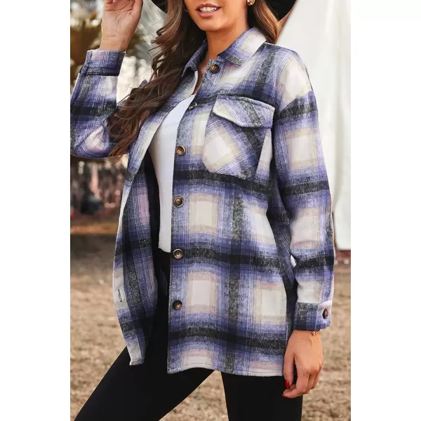 PRETTYGARDEN Womens 2024 Fall Clothes Plaid Shacket Jacket Long Sleeve Button Down Flannel Shirts Fashion BlouseBlue