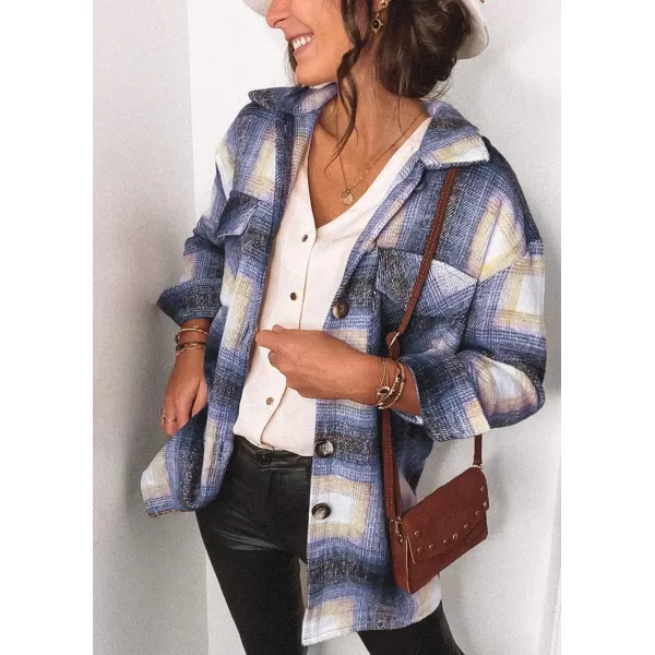 PRETTYGARDEN Womens 2024 Fall Clothes Plaid Shacket Jacket Long Sleeve Button Down Flannel Shirts Fashion BlouseBlue