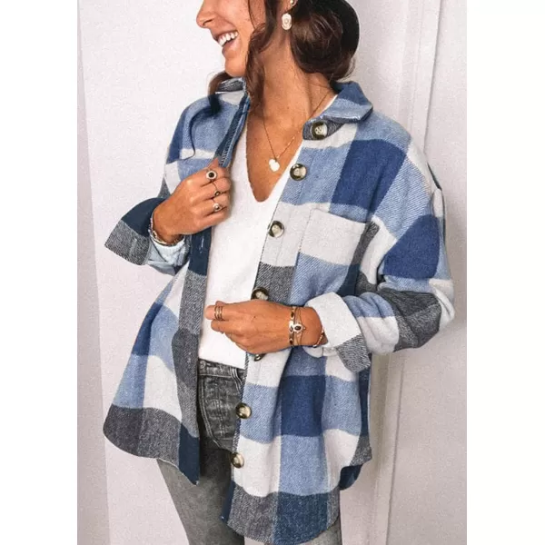 PRETTYGARDEN Womens 2024 Fall Clothes Plaid Shacket Jacket Long Sleeve Button Down Flannel Shirts Fashion BlouseDark Blue