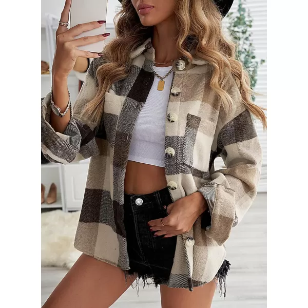 PRETTYGARDEN Womens 2024 Fall Clothes Plaid Shacket Jacket Long Sleeve Button Down Flannel Shirts Fashion BlouseKhaki