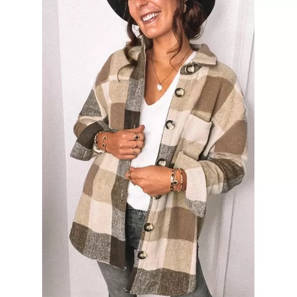 PRETTYGARDEN Womens 2024 Fall Clothes Plaid Shacket Jacket Long Sleeve Button Down Flannel Shirts Fashion BlouseKhaki