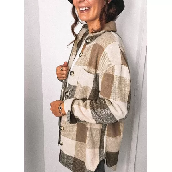 PRETTYGARDEN Womens 2024 Fall Clothes Plaid Shacket Jacket Long Sleeve Button Down Flannel Shirts Fashion BlouseKhaki