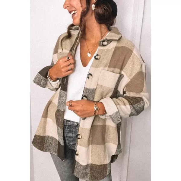 PRETTYGARDEN Womens 2024 Fall Clothes Plaid Shacket Jacket Long Sleeve Button Down Flannel Shirts Fashion BlouseKhaki