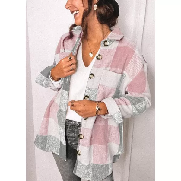 PRETTYGARDEN Womens 2024 Fall Clothes Plaid Shacket Jacket Long Sleeve Button Down Flannel Shirts Fashion BlousePink