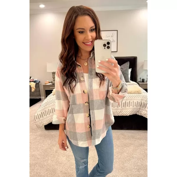 PRETTYGARDEN Womens 2024 Fall Clothes Plaid Shacket Jacket Long Sleeve Button Down Flannel Shirts Fashion BlousePink