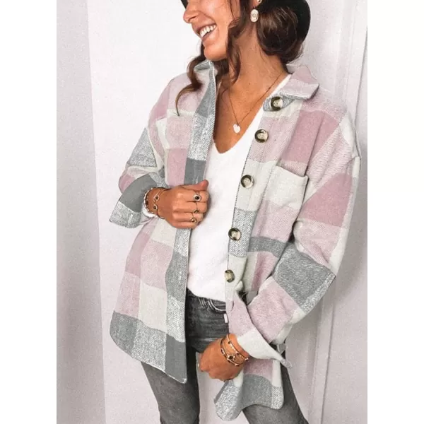 PRETTYGARDEN Womens 2024 Fall Clothes Plaid Shacket Jacket Long Sleeve Button Down Flannel Shirts Fashion BlousePink