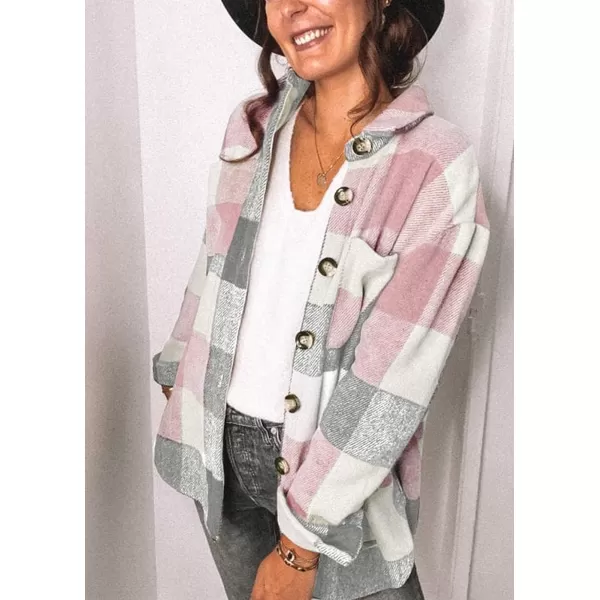 PRETTYGARDEN Womens 2024 Fall Clothes Plaid Shacket Jacket Long Sleeve Button Down Flannel Shirts Fashion BlousePink
