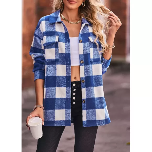 PRETTYGARDEN Womens 2024 Fall Clothes Plaid Shacket Jacket Long Sleeve Button Down Flannel Shirts Fashion BlousePlaid Blue White