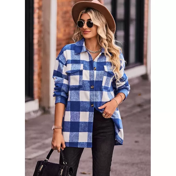 PRETTYGARDEN Womens 2024 Fall Clothes Plaid Shacket Jacket Long Sleeve Button Down Flannel Shirts Fashion BlousePlaid Blue White