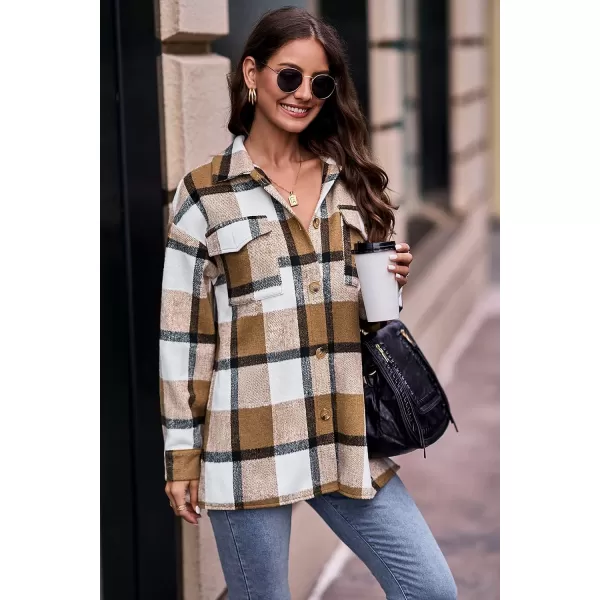 PRETTYGARDEN Womens 2024 Fall Clothes Plaid Shacket Jacket Long Sleeve Button Down Flannel Shirts Fashion BlousePlaid Khaki White