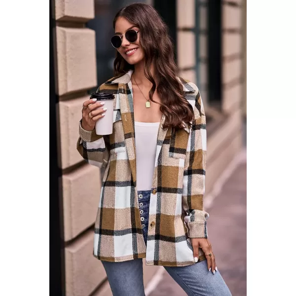 PRETTYGARDEN Womens 2024 Fall Clothes Plaid Shacket Jacket Long Sleeve Button Down Flannel Shirts Fashion BlousePlaid Khaki White