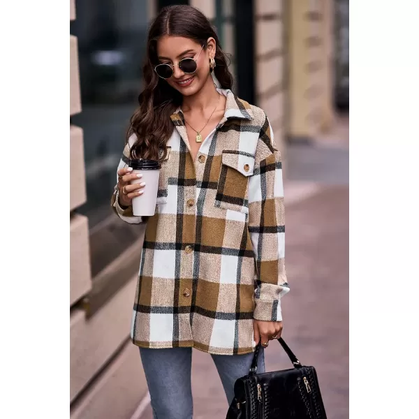 PRETTYGARDEN Womens 2024 Fall Clothes Plaid Shacket Jacket Long Sleeve Button Down Flannel Shirts Fashion BlousePlaid Khaki White