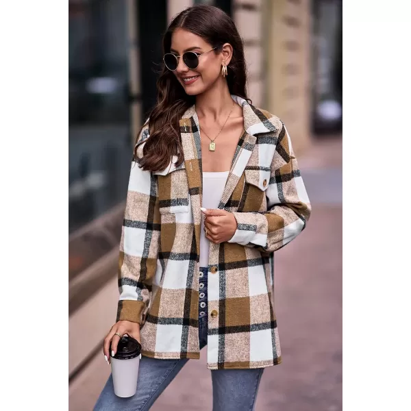PRETTYGARDEN Womens 2024 Fall Clothes Plaid Shacket Jacket Long Sleeve Button Down Flannel Shirts Fashion BlousePlaid Khaki White