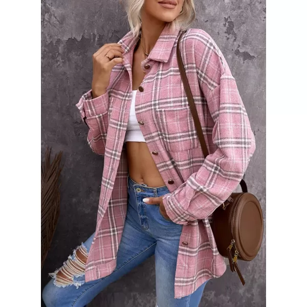 PRETTYGARDEN Womens 2024 Fall Clothes Plaid Shacket Jacket Long Sleeve Button Down Flannel Shirts Fashion BlousePlaid Pink