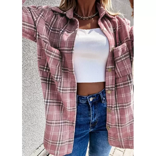 PRETTYGARDEN Womens 2024 Fall Clothes Plaid Shacket Jacket Long Sleeve Button Down Flannel Shirts Fashion BlousePlaid Pink