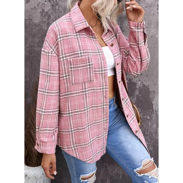 PRETTYGARDEN Womens 2024 Fall Clothes Plaid Shacket Jacket Long Sleeve Button Down Flannel Shirts Fashion BlousePlaid Pink