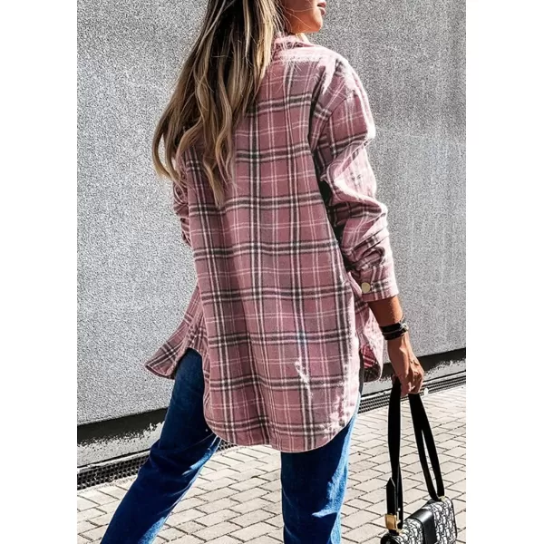 PRETTYGARDEN Womens 2024 Fall Clothes Plaid Shacket Jacket Long Sleeve Button Down Flannel Shirts Fashion BlousePlaid Pink