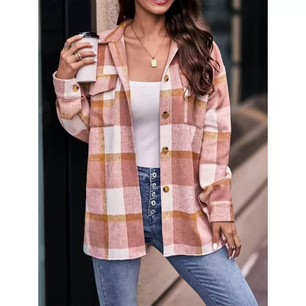 PRETTYGARDEN Womens 2024 Fall Clothes Plaid Shacket Jacket Long Sleeve Button Down Flannel Shirts Fashion BlousePlaid Pink White