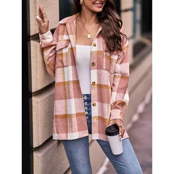 PRETTYGARDEN Womens 2024 Fall Clothes Plaid Shacket Jacket Long Sleeve Button Down Flannel Shirts Fashion BlousePlaid Pink White
