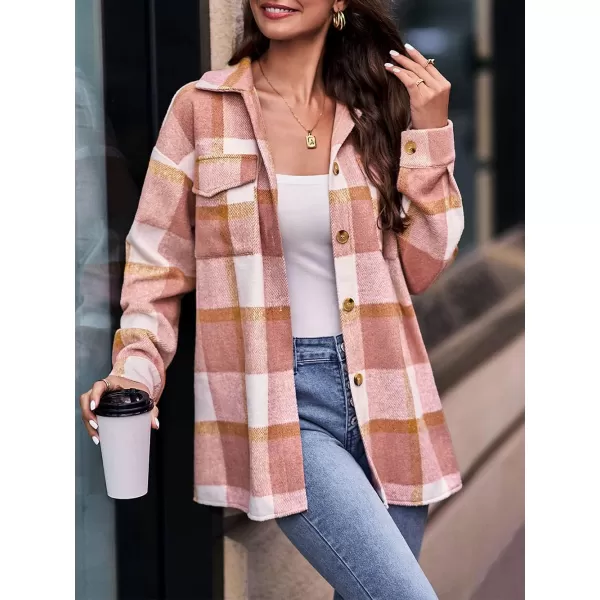 PRETTYGARDEN Womens 2024 Fall Clothes Plaid Shacket Jacket Long Sleeve Button Down Flannel Shirts Fashion BlousePlaid Pink White