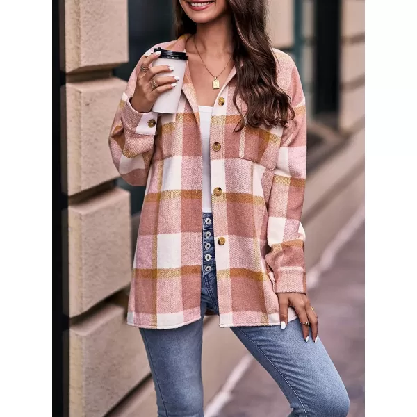 PRETTYGARDEN Womens 2024 Fall Clothes Plaid Shacket Jacket Long Sleeve Button Down Flannel Shirts Fashion BlousePlaid Pink White