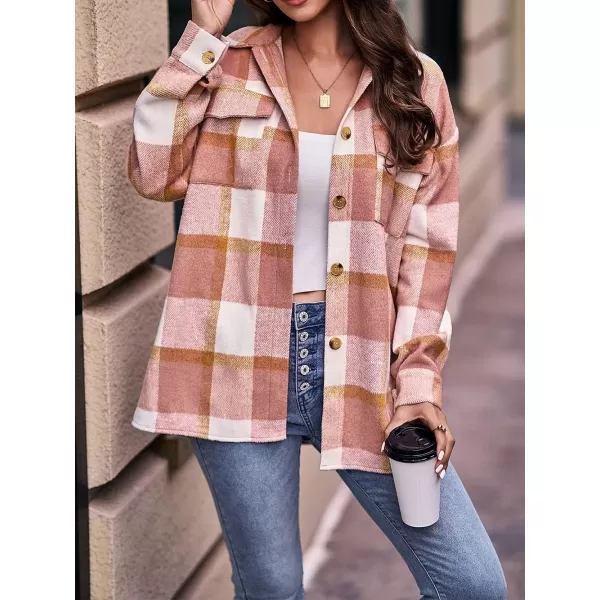 PRETTYGARDEN Womens 2024 Fall Clothes Plaid Shacket Jacket Long Sleeve Button Down Flannel Shirts Fashion BlousePlaid Pink White