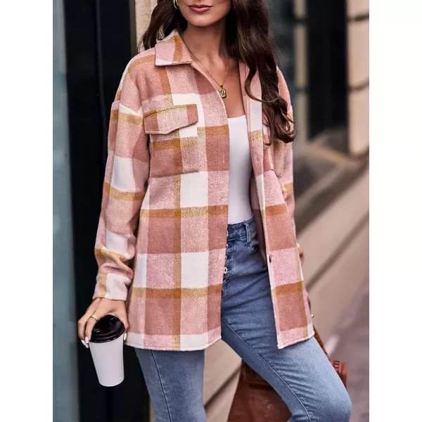 PRETTYGARDEN Womens 2024 Fall Clothes Plaid Shacket Jacket Long Sleeve Button Down Flannel Shirts Fashion BlousePlaid Pink White