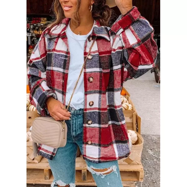 PRETTYGARDEN Womens 2024 Fall Clothes Plaid Shacket Jacket Long Sleeve Button Down Flannel Shirts Fashion BlousePlaid Print Red