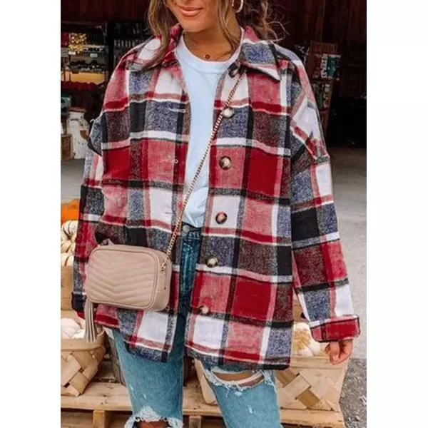 PRETTYGARDEN Womens 2024 Fall Clothes Plaid Shacket Jacket Long Sleeve Button Down Flannel Shirts Fashion BlousePlaid Print Red