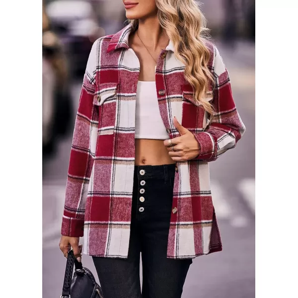 PRETTYGARDEN Womens 2024 Fall Clothes Plaid Shacket Jacket Long Sleeve Button Down Flannel Shirts Fashion BlousePlaid Red White