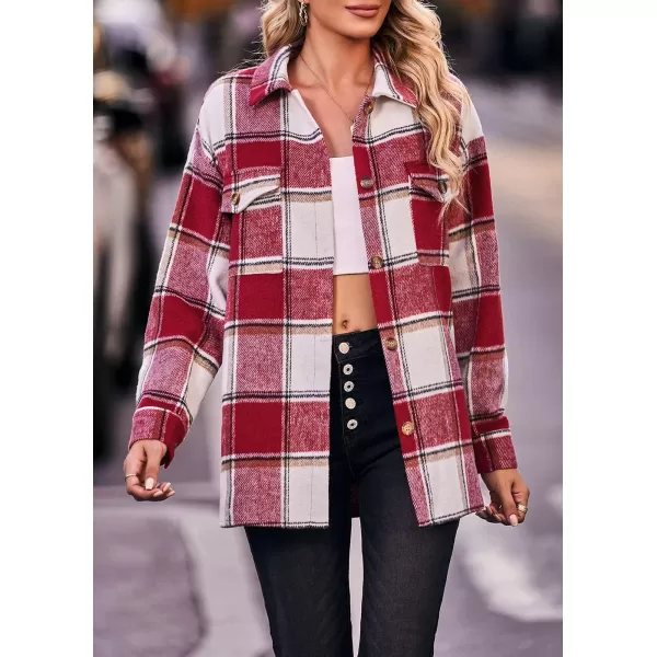 PRETTYGARDEN Womens 2024 Fall Clothes Plaid Shacket Jacket Long Sleeve Button Down Flannel Shirts Fashion BlousePlaid Red White