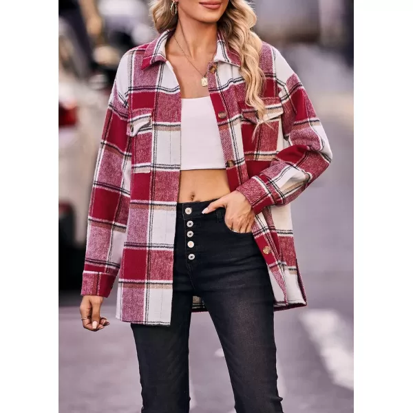 PRETTYGARDEN Womens 2024 Fall Clothes Plaid Shacket Jacket Long Sleeve Button Down Flannel Shirts Fashion BlousePlaid Red White