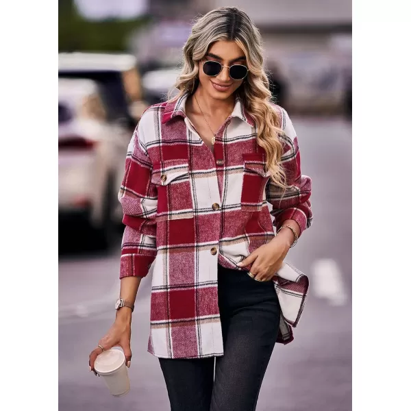 PRETTYGARDEN Womens 2024 Fall Clothes Plaid Shacket Jacket Long Sleeve Button Down Flannel Shirts Fashion BlousePlaid Red White