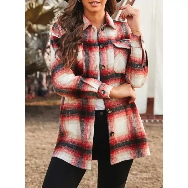 PRETTYGARDEN Womens 2024 Fall Clothes Plaid Shacket Jacket Long Sleeve Button Down Flannel Shirts Fashion BlouseRed