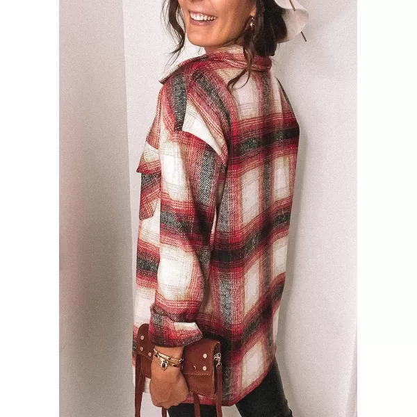 PRETTYGARDEN Womens 2024 Fall Clothes Plaid Shacket Jacket Long Sleeve Button Down Flannel Shirts Fashion BlouseRed