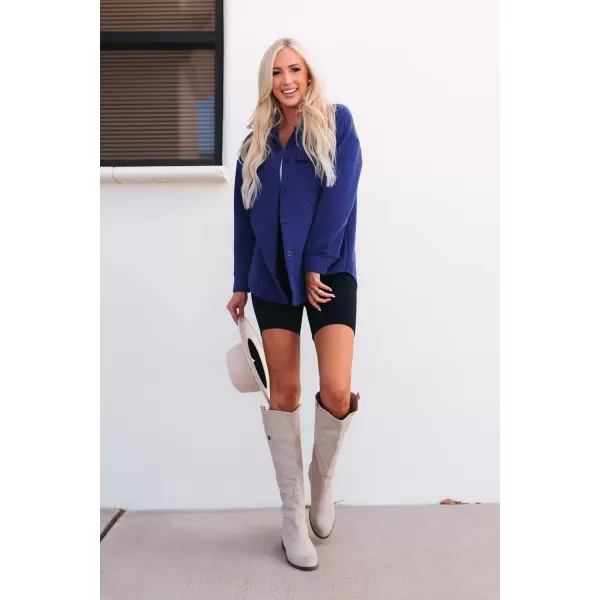 PRETTYGARDEN Womens 2024 Winter Jackets Lapel Coat Outerwear Casual Long Sleeve Button Down Blouse Shirts TopsBright Blue