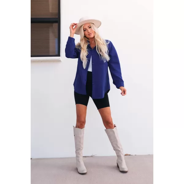 PRETTYGARDEN Womens 2024 Winter Jackets Lapel Coat Outerwear Casual Long Sleeve Button Down Blouse Shirts TopsBright Blue