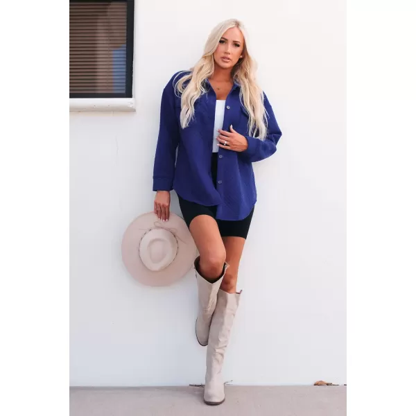 PRETTYGARDEN Womens 2024 Winter Jackets Lapel Coat Outerwear Casual Long Sleeve Button Down Blouse Shirts TopsBright Blue