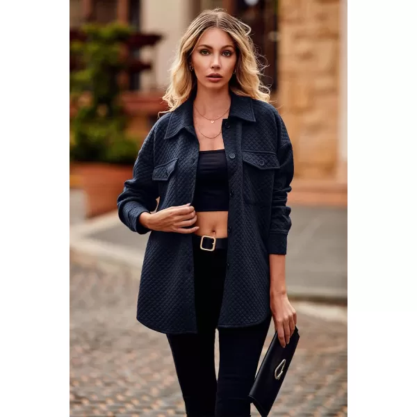 PRETTYGARDEN Womens 2024 Winter Jackets Lapel Coat Outerwear Casual Long Sleeve Button Down Blouse Shirts TopsNavy