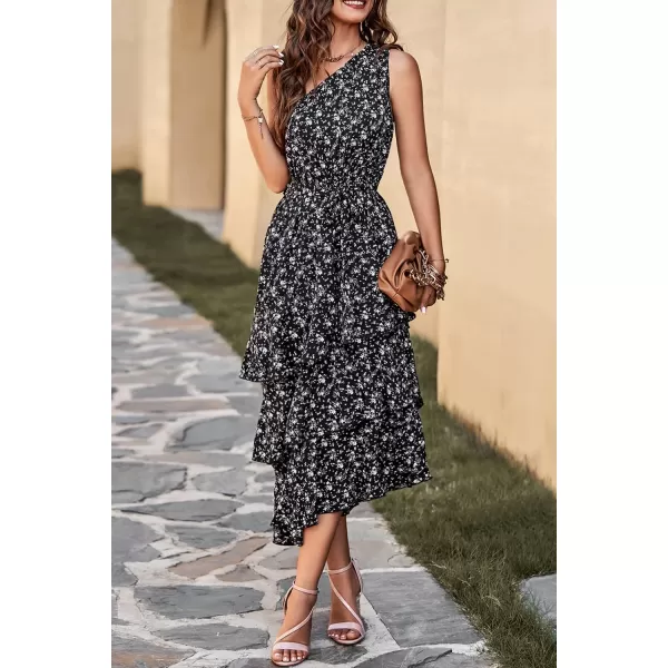 PRETTYGARDEN Womens Summer Floral Sundress Casual One Shoulder Tiered Ruffle Flowy Midi Beach Boho DressesFloral Black