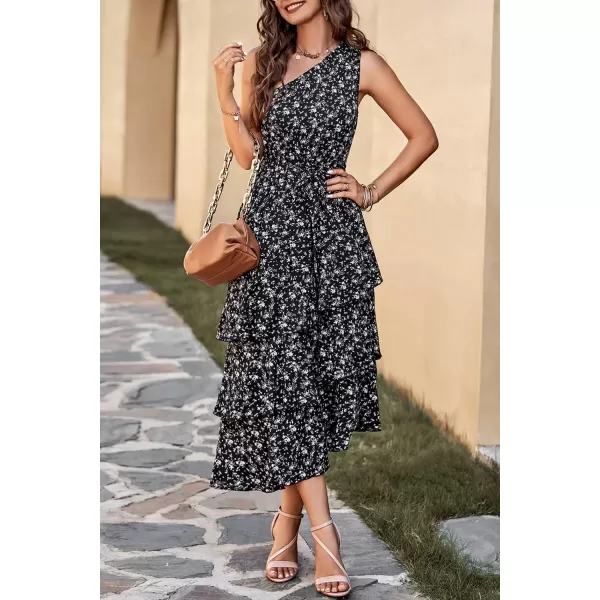 PRETTYGARDEN Womens Summer Floral Sundress Casual One Shoulder Tiered Ruffle Flowy Midi Beach Boho DressesFloral Black