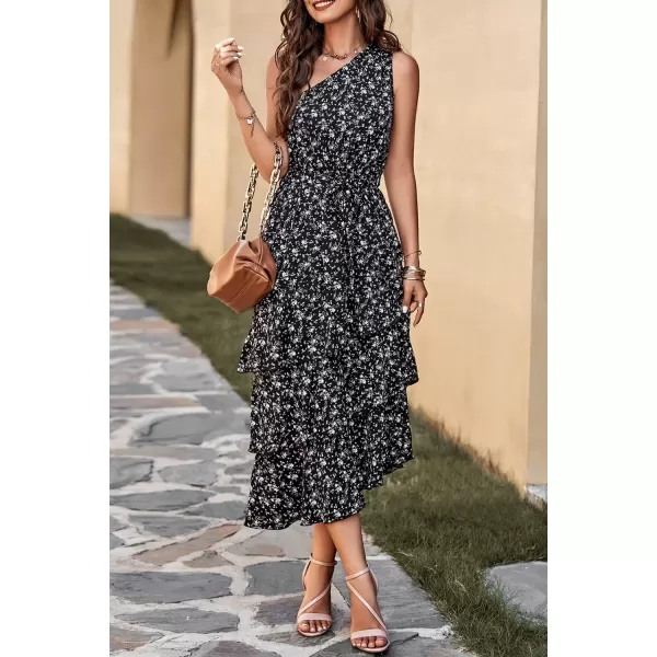 PRETTYGARDEN Womens Summer Floral Sundress Casual One Shoulder Tiered Ruffle Flowy Midi Beach Boho DressesFloral Black