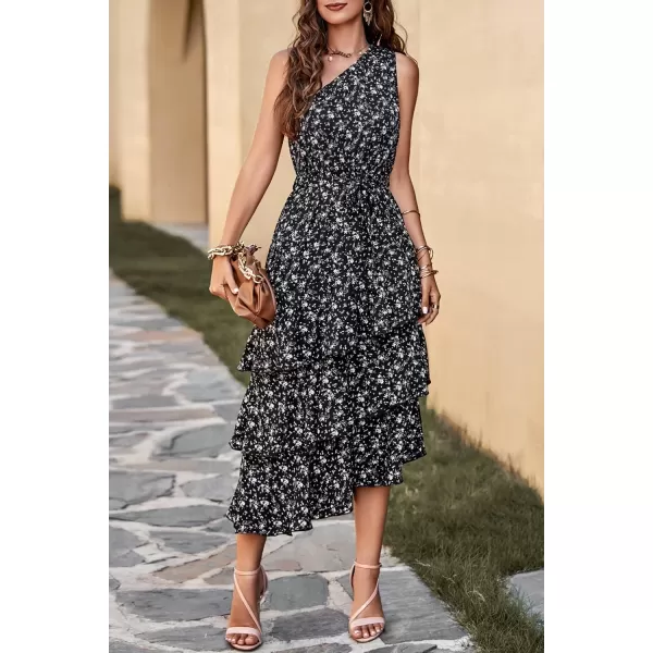 PRETTYGARDEN Womens Summer Floral Sundress Casual One Shoulder Tiered Ruffle Flowy Midi Beach Boho DressesFloral Black