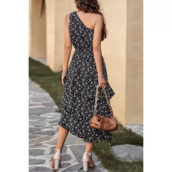 PRETTYGARDEN Womens Summer Floral Sundress Casual One Shoulder Tiered Ruffle Flowy Midi Beach Boho DressesFloral Black